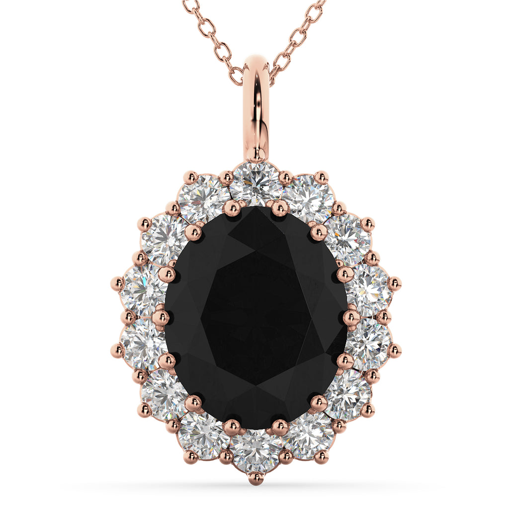 Oval Black Diamond & Diamond Halo Pendant Necklace 14k Rose Gold (6.40ct)