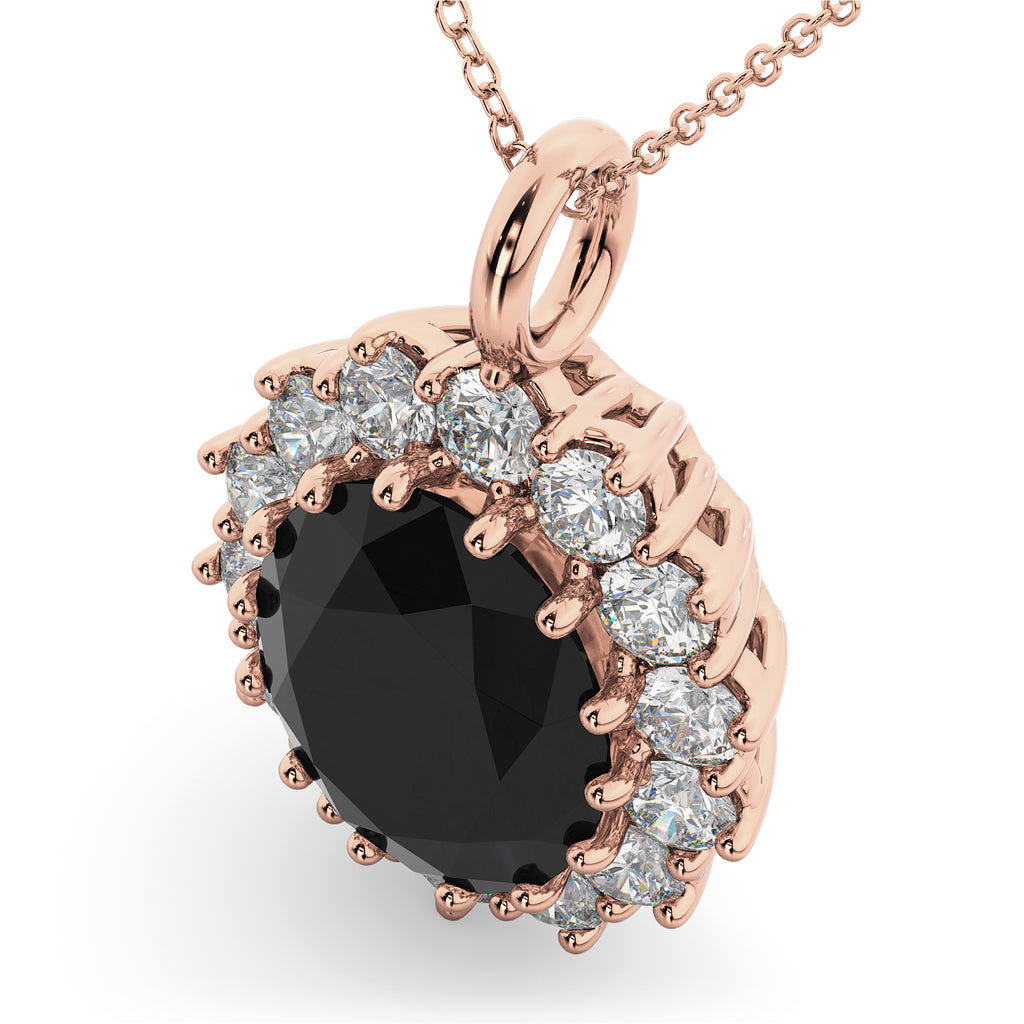 Oval Black Diamond & Diamond Halo Pendant Necklace 14k Rose Gold (6.40ct)