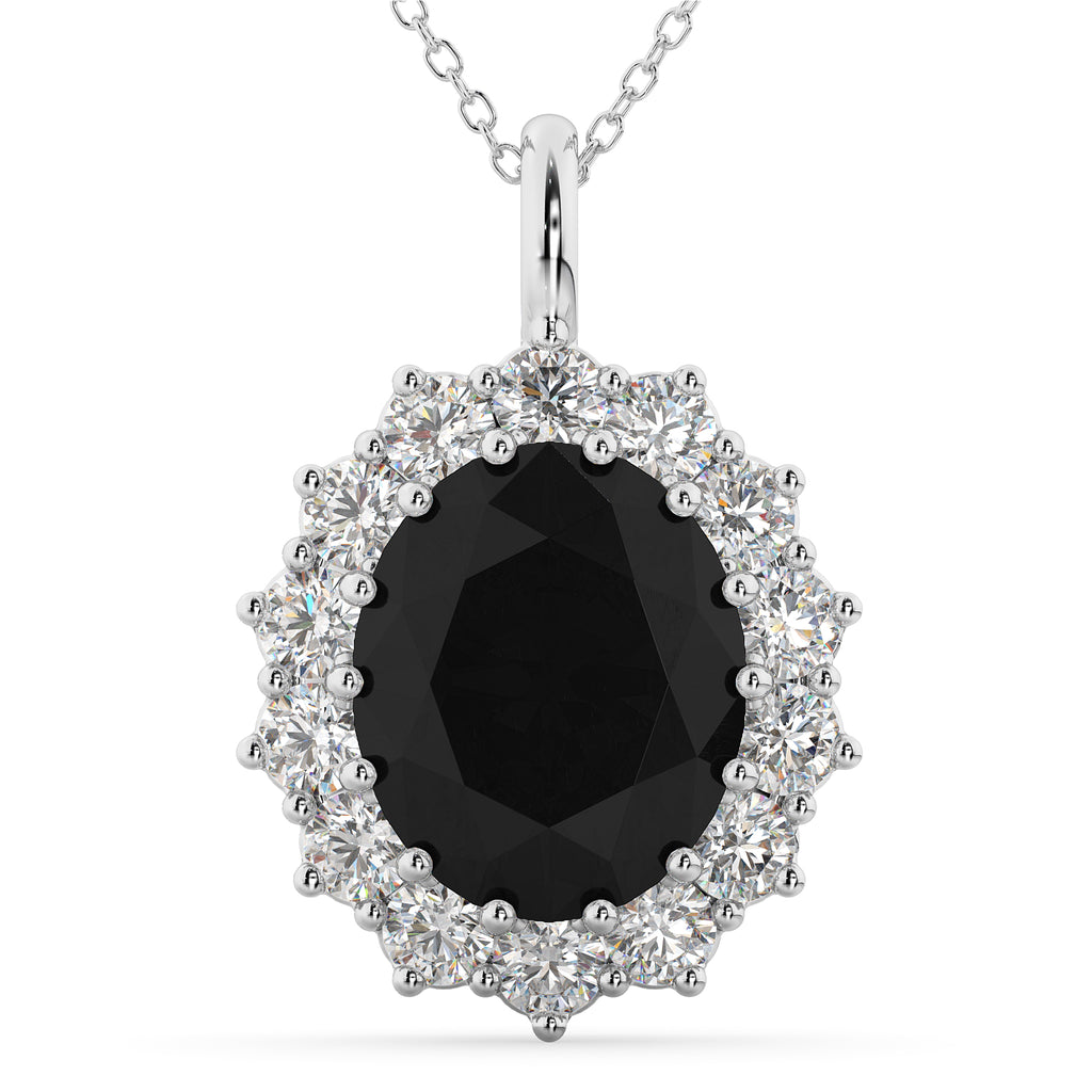 Oval Black Diamond & Diamond Halo Pendant Necklace 14k White Gold (6.40ct)