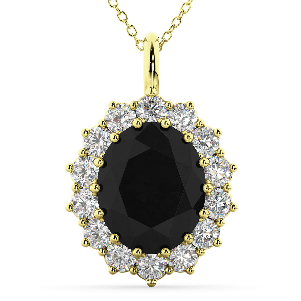 Oval Black Diamond & Diamond Halo Pendant Necklace 14k Yellow Gold (6.40ct)