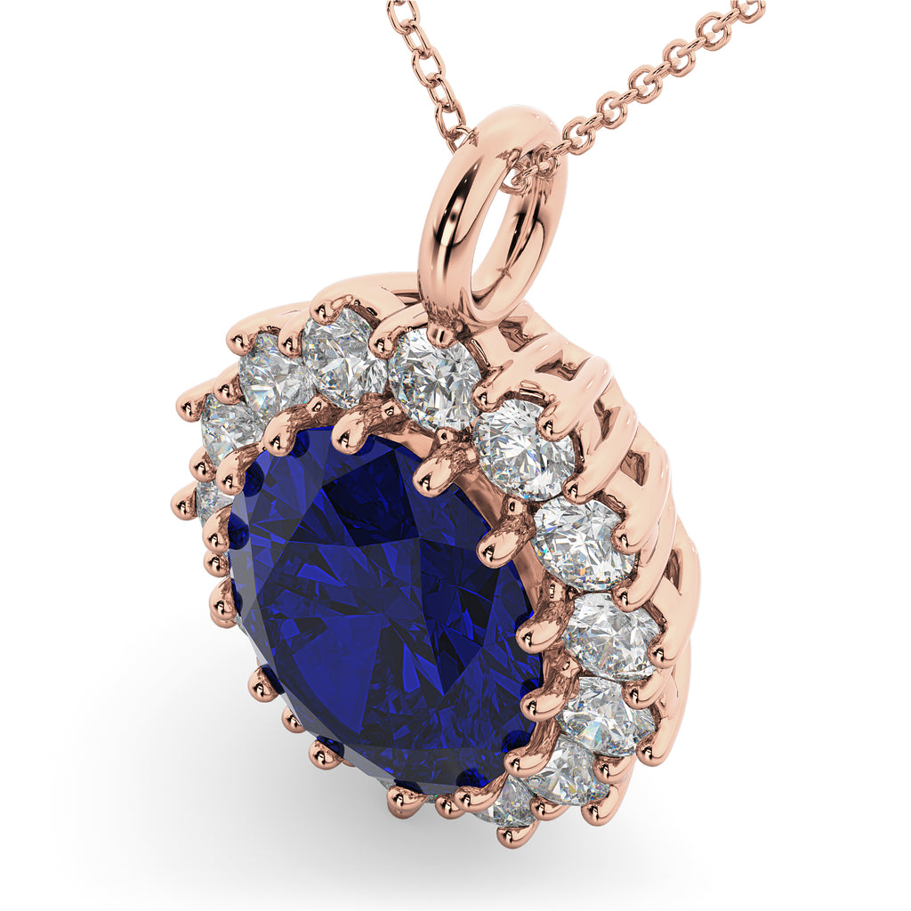 Oval Blue Sapphire & Diamond Halo Pendant Necklace 14k Rose Gold (6.40ct)
