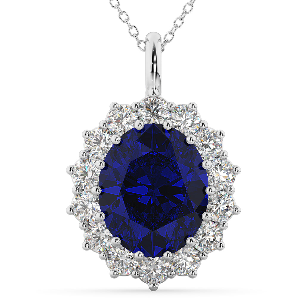 Oval Blue Sapphire & Diamond Halo Pendant Necklace 14k White Gold (6.40ct)