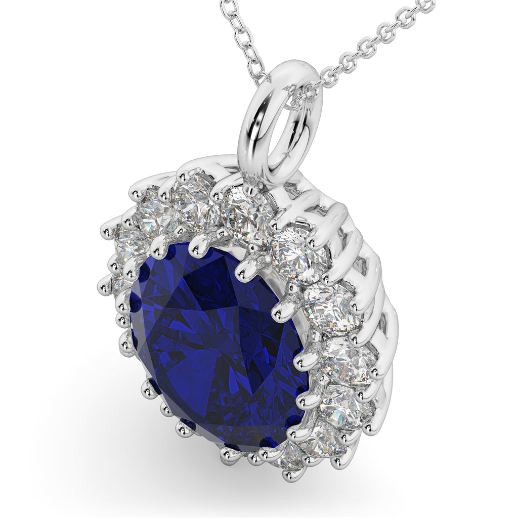 Oval Blue Sapphire & Diamond Halo Pendant Necklace 14k White Gold (6.40ct)