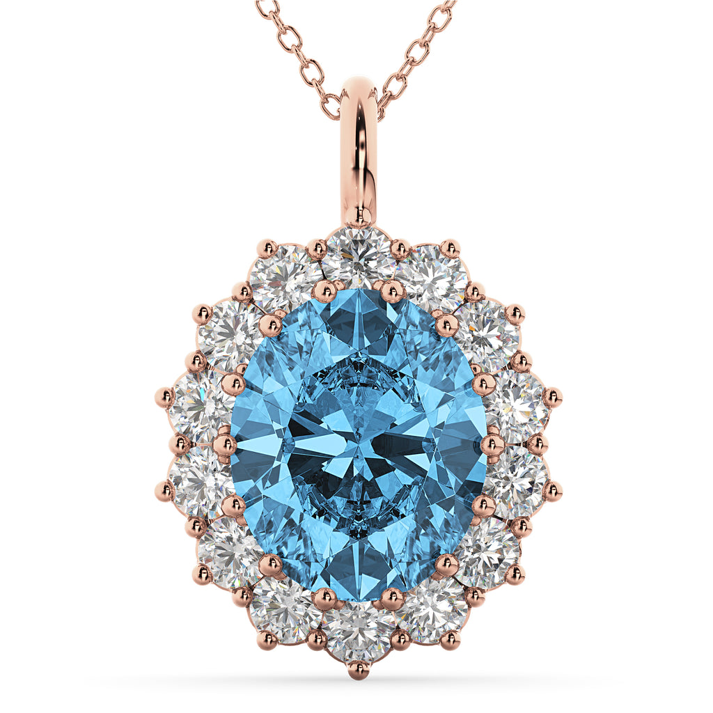 Oval Blue Topaz & Diamond Halo Pendant Necklace 14k Rose Gold (6.40ct)