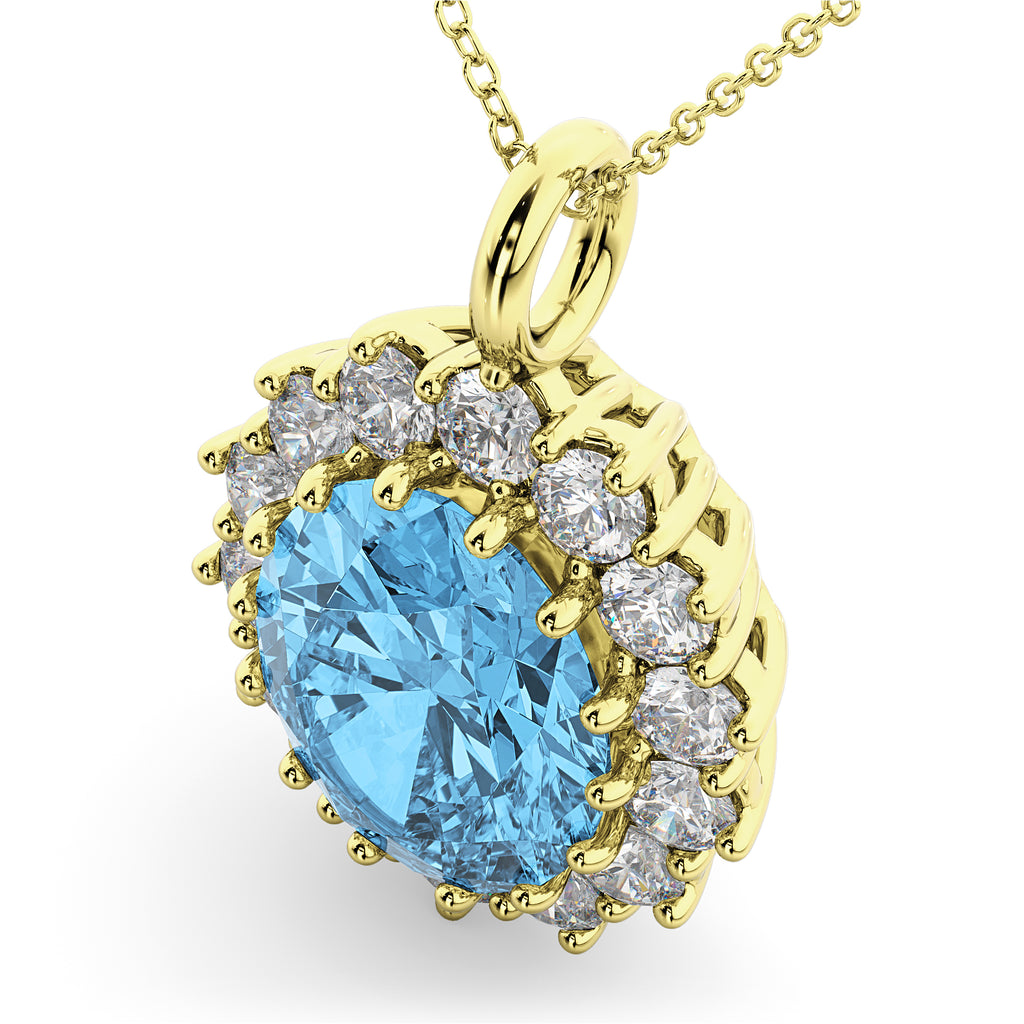 Oval Blue Topaz & Diamond Halo Pendant Necklace 14k Yellow Gold (6.40ct)