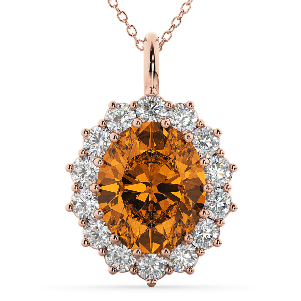 Oval Citrine & Diamond Halo Pendant Necklace 14k Rose Gold (6.40ct)