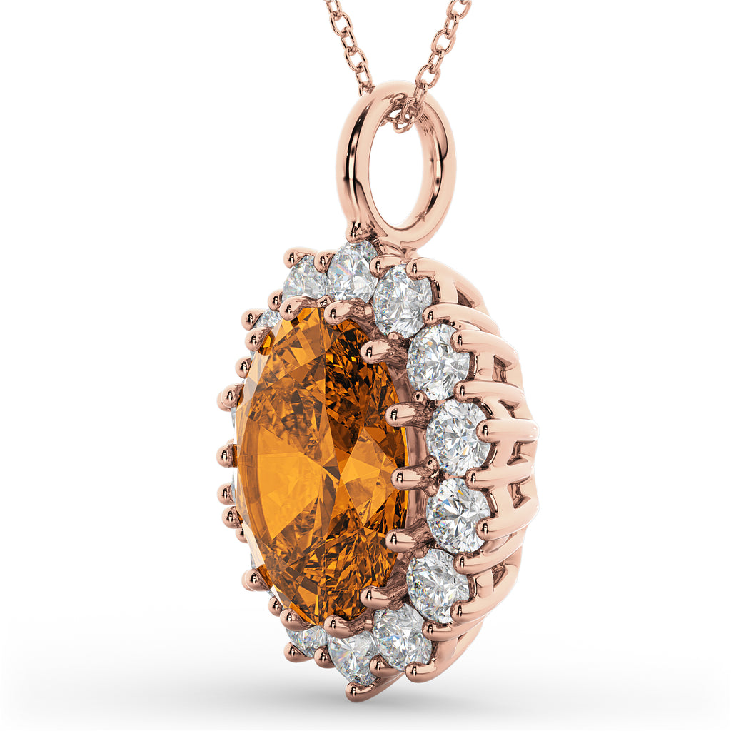 Oval Citrine & Diamond Halo Pendant Necklace 14k Rose Gold (6.40ct)