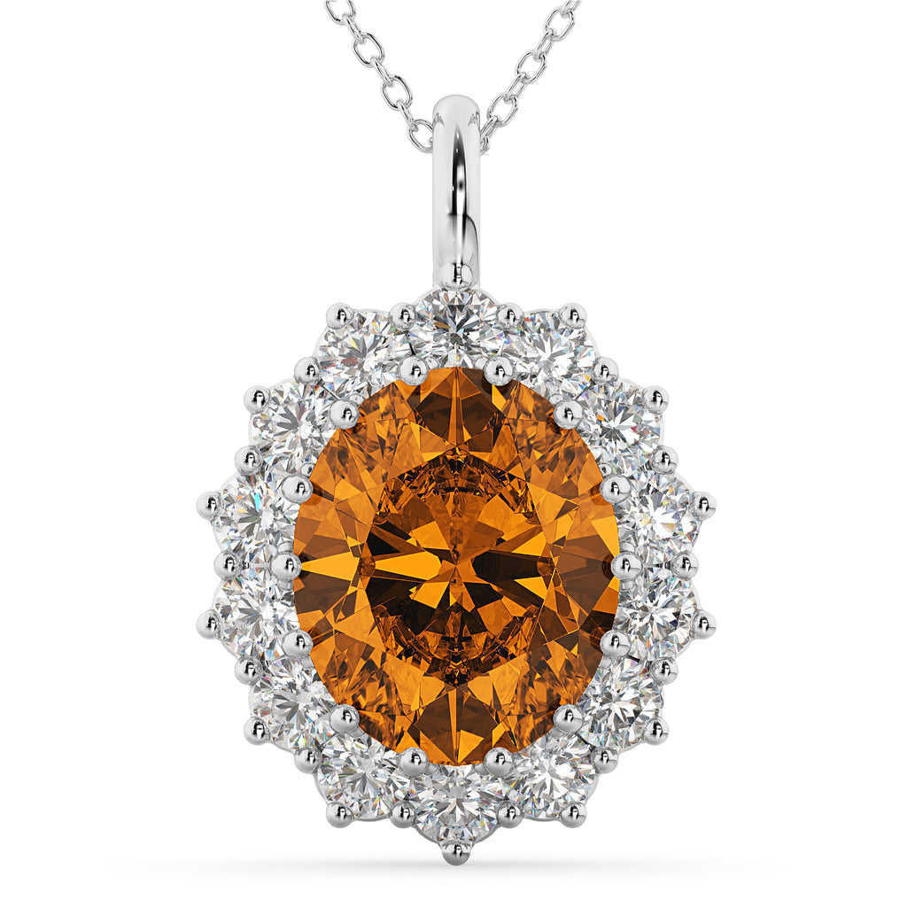 Oval Citrine & Diamond Halo Pendant Necklace 14k White Gold (6.40ct)