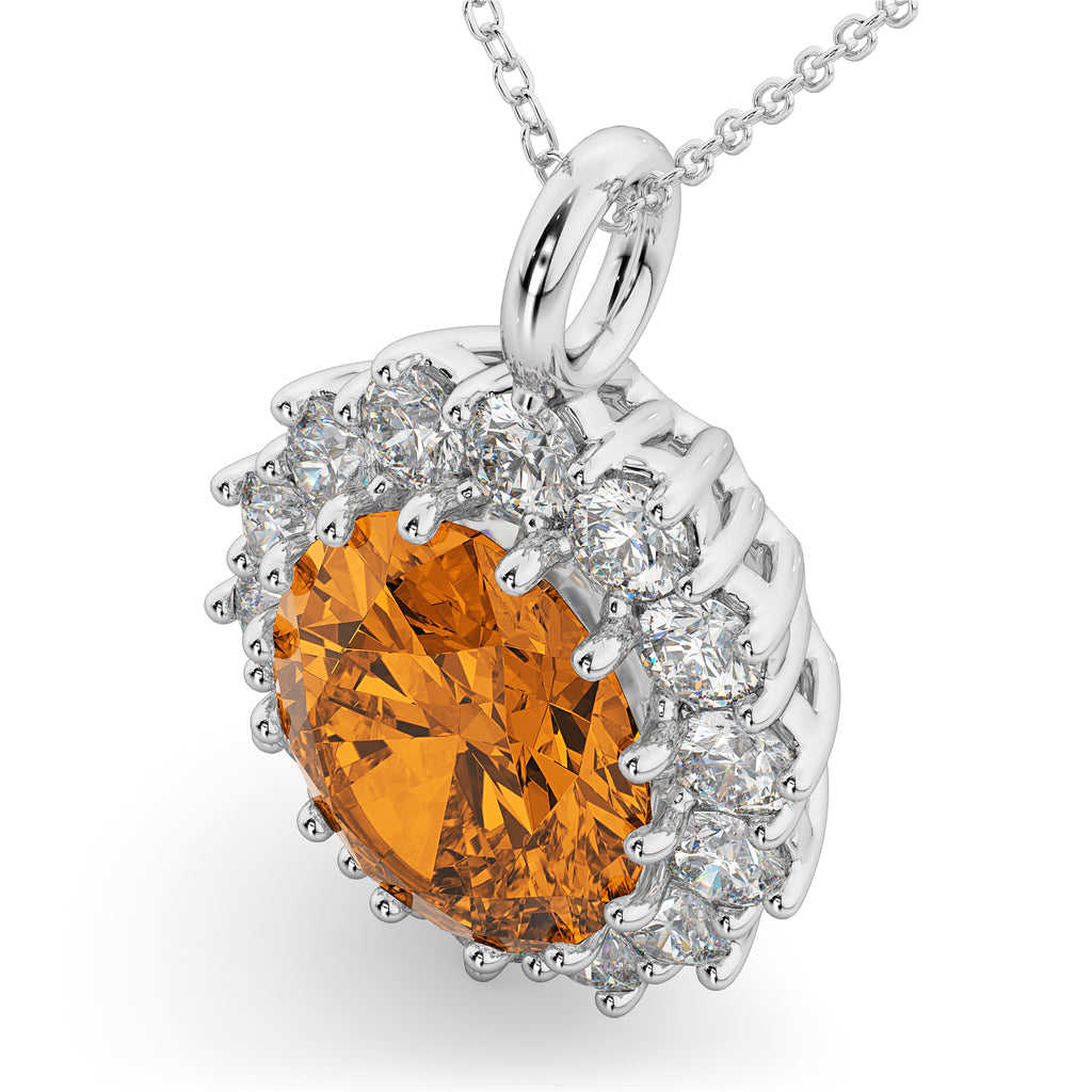 Oval Citrine & Diamond Halo Pendant Necklace 14k White Gold (6.40ct)