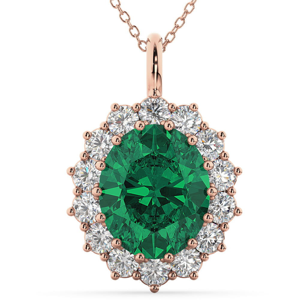 Oval Emerald & Diamond Halo Pendant Necklace 14k Rose Gold (6.40ct)