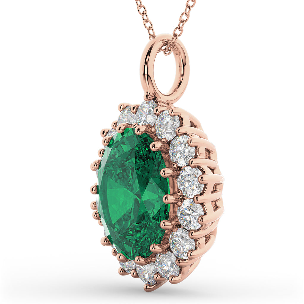 Oval Emerald & Diamond Halo Pendant Necklace 14k Rose Gold (6.40ct)