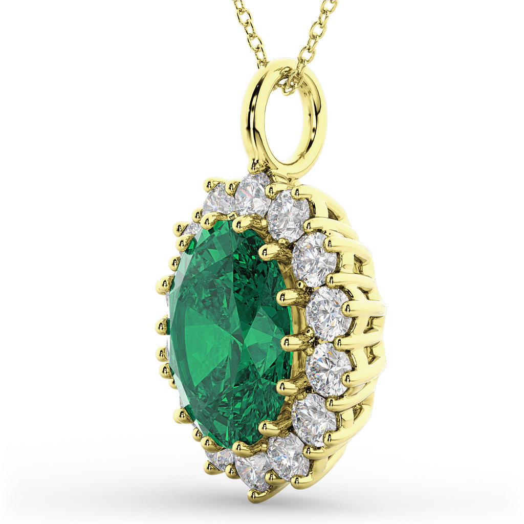 Oval Emerald & Diamond Halo Pendant Necklace 14k Yellow Gold (6.40ct)