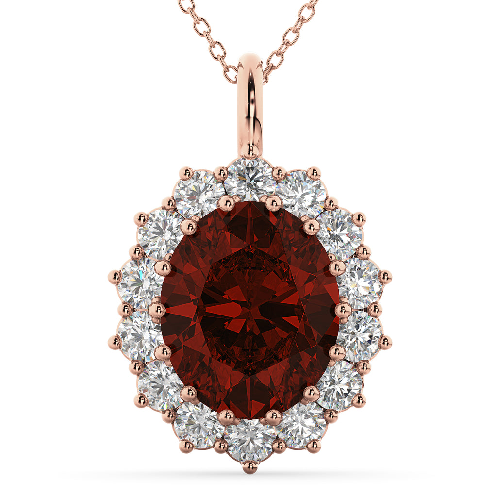 Oval Garnet & Diamond Halo Pendant Necklace 14k Rose Gold (6.40ct)