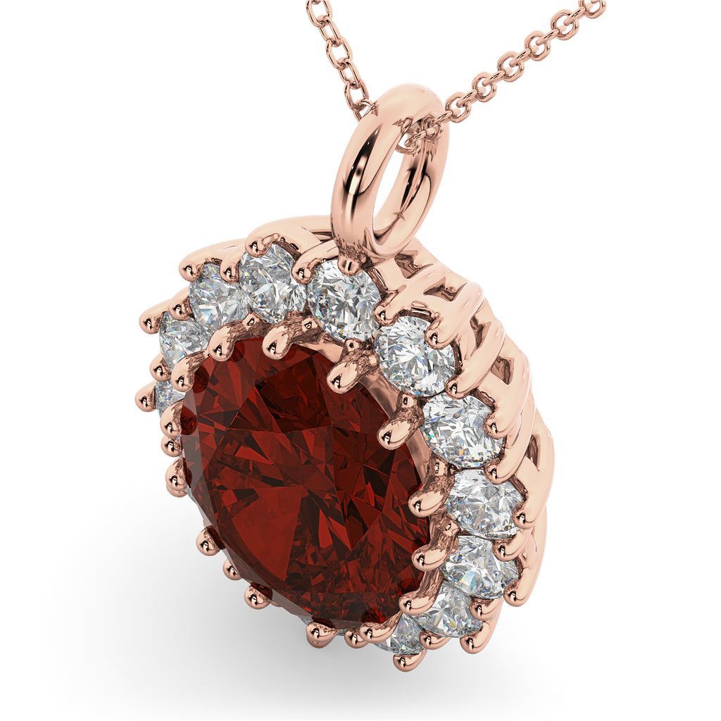 Oval Garnet & Diamond Halo Pendant Necklace 14k Rose Gold (6.40ct)