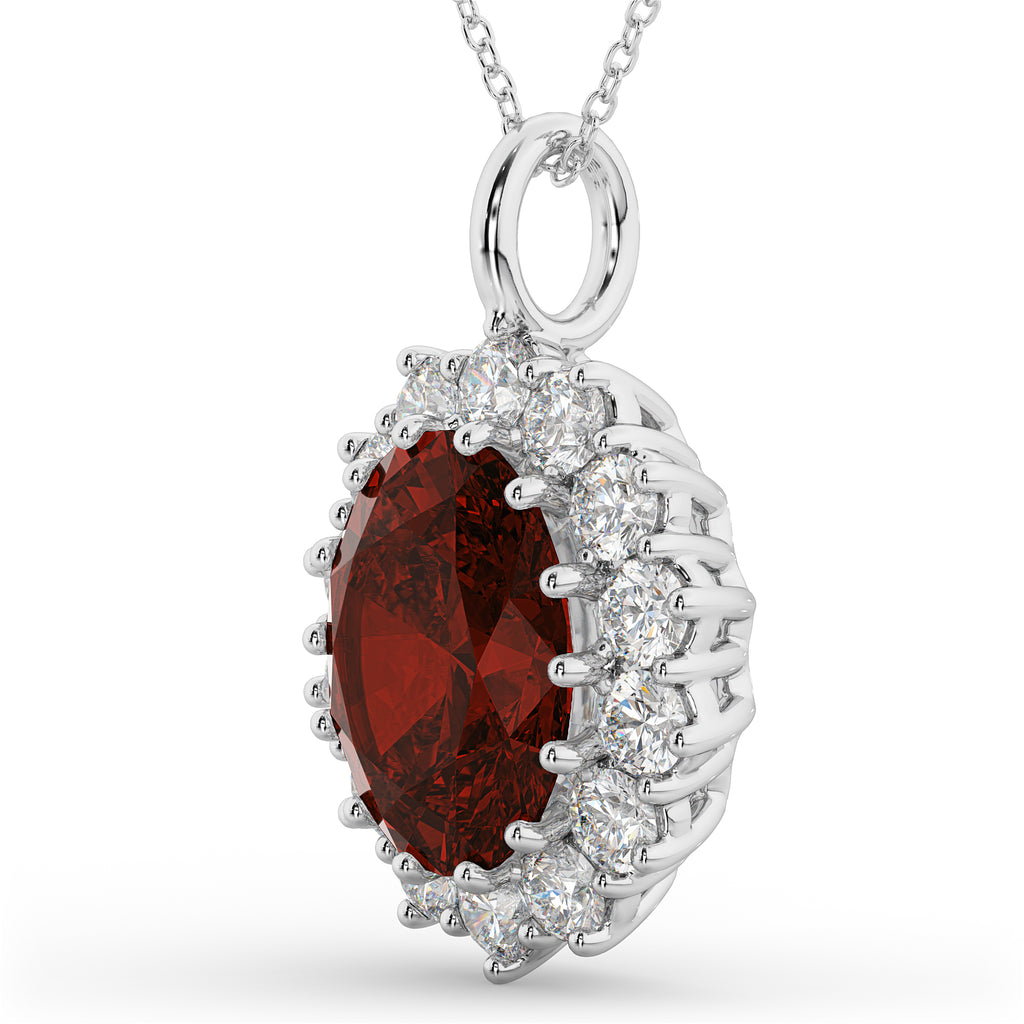 Oval Garnet & Diamond Halo Pendant Necklace 14k White Gold (6.40ct)