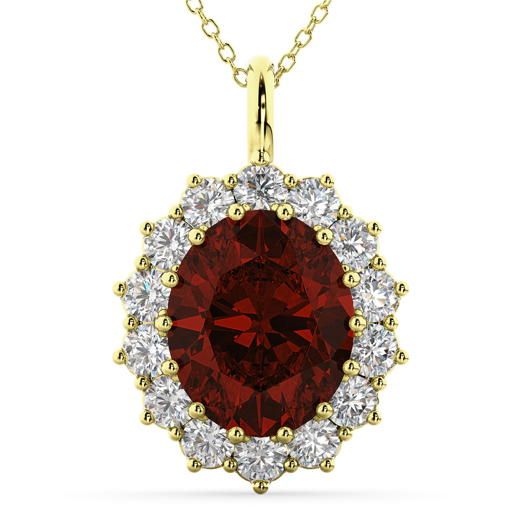 Oval Garnet & Diamond Halo Pendant Necklace 14k Yellow Gold (6.40ct)
