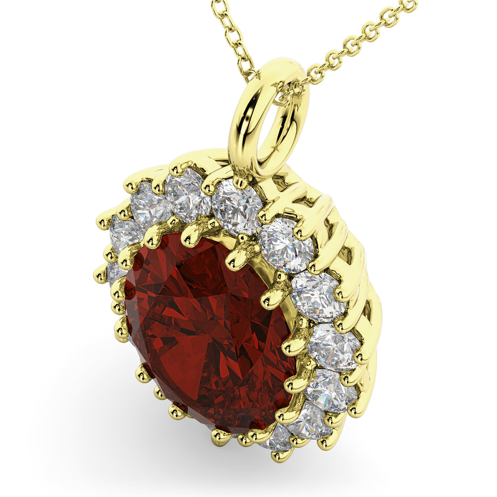 Oval Garnet & Diamond Halo Pendant Necklace 14k Yellow Gold (6.40ct)