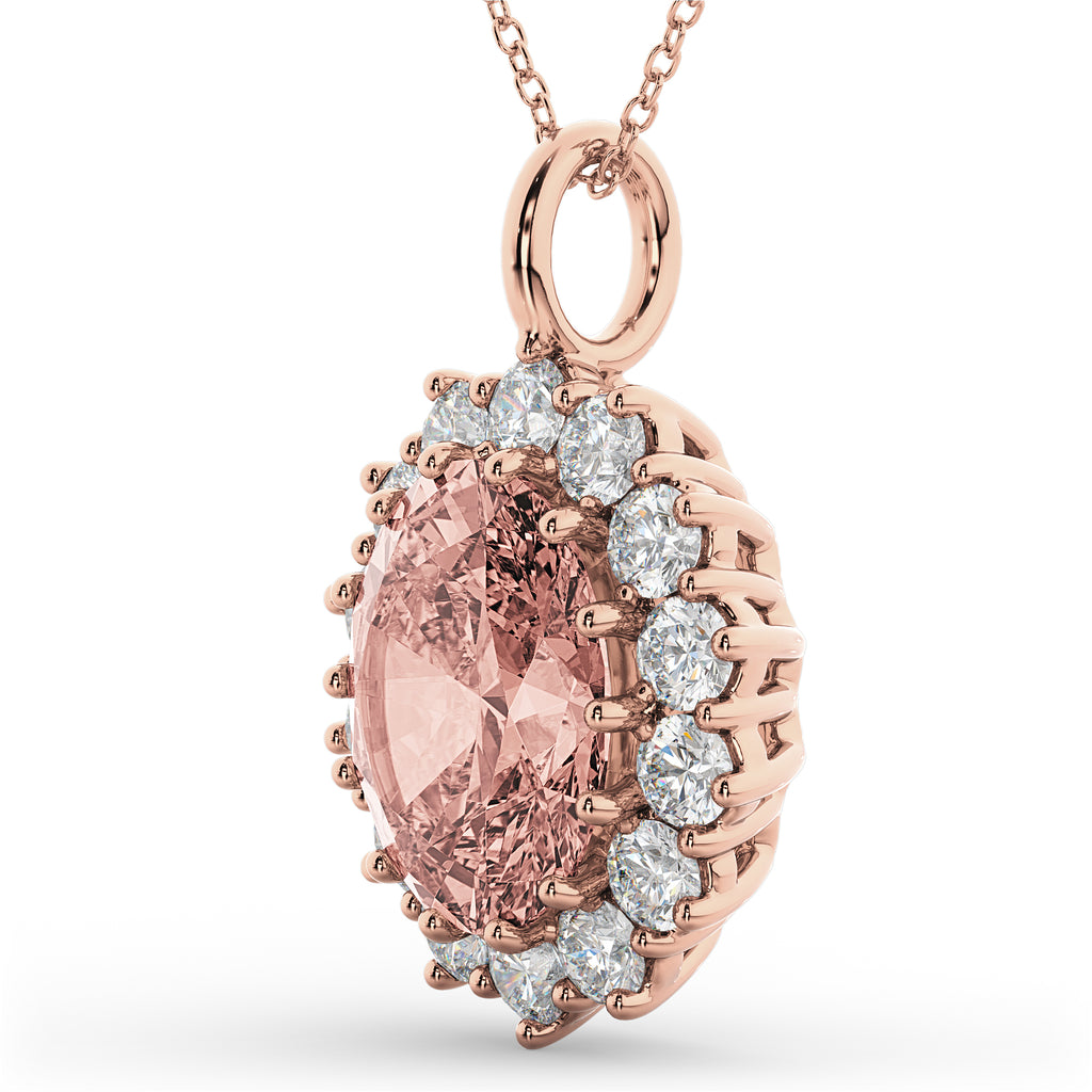 Oval Morganite & Diamond Halo Pendant Necklace 14k Rose Gold (6.40ct)