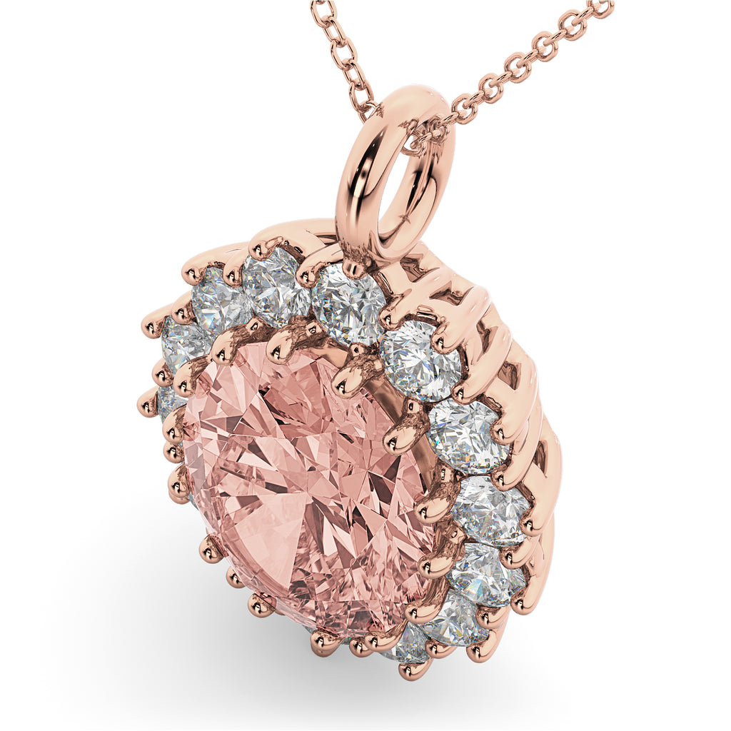 Oval Morganite & Diamond Halo Pendant Necklace 14k Rose Gold (6.40ct)