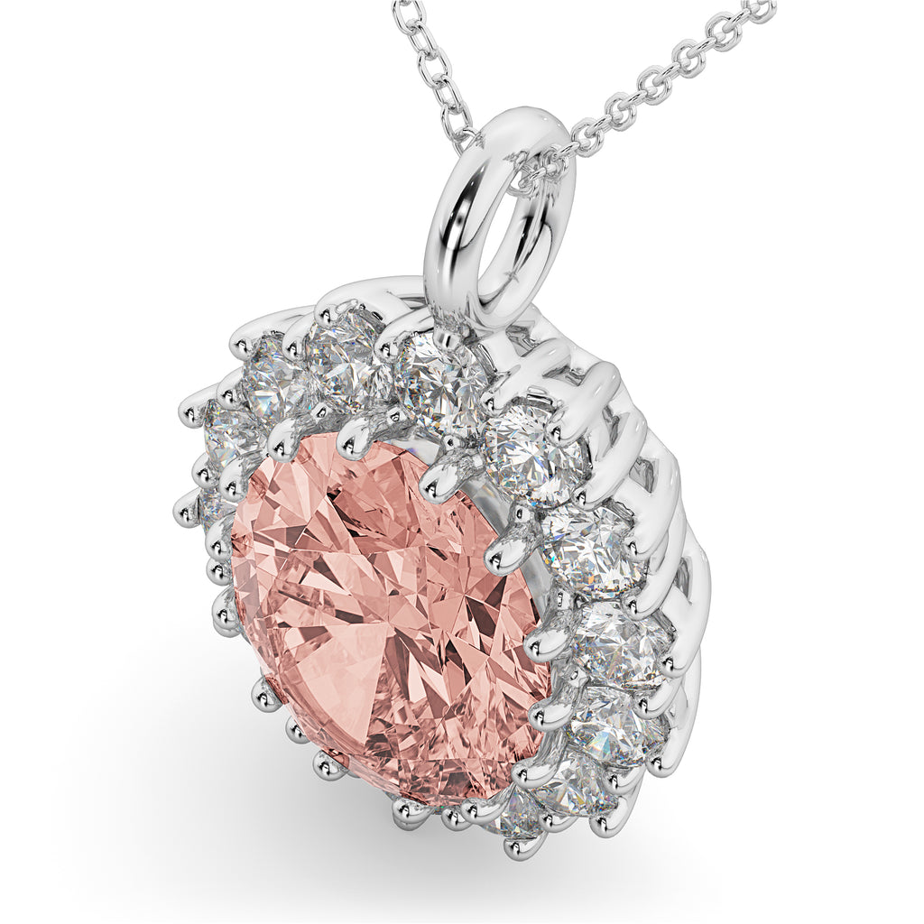 Oval Morganite & Diamond Halo Pendant Necklace 14k White Gold (6.40ct)