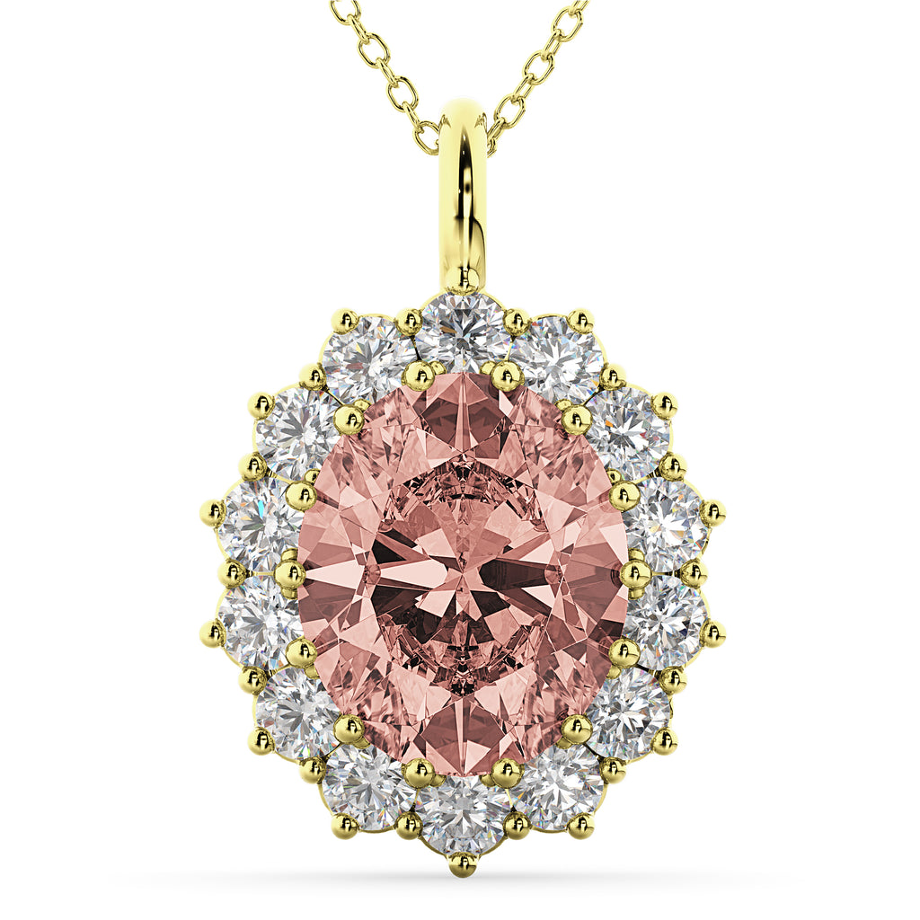 Oval Morganite & Diamond Halo Pendant Necklace 14k Yellow Gold (6.40ct)