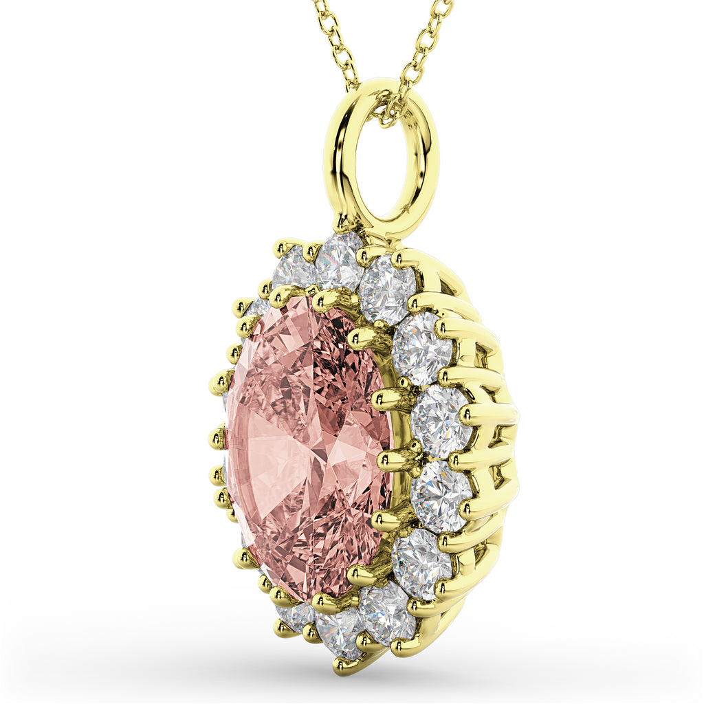 Oval Morganite & Diamond Halo Pendant Necklace 14k Yellow Gold (6.40ct)