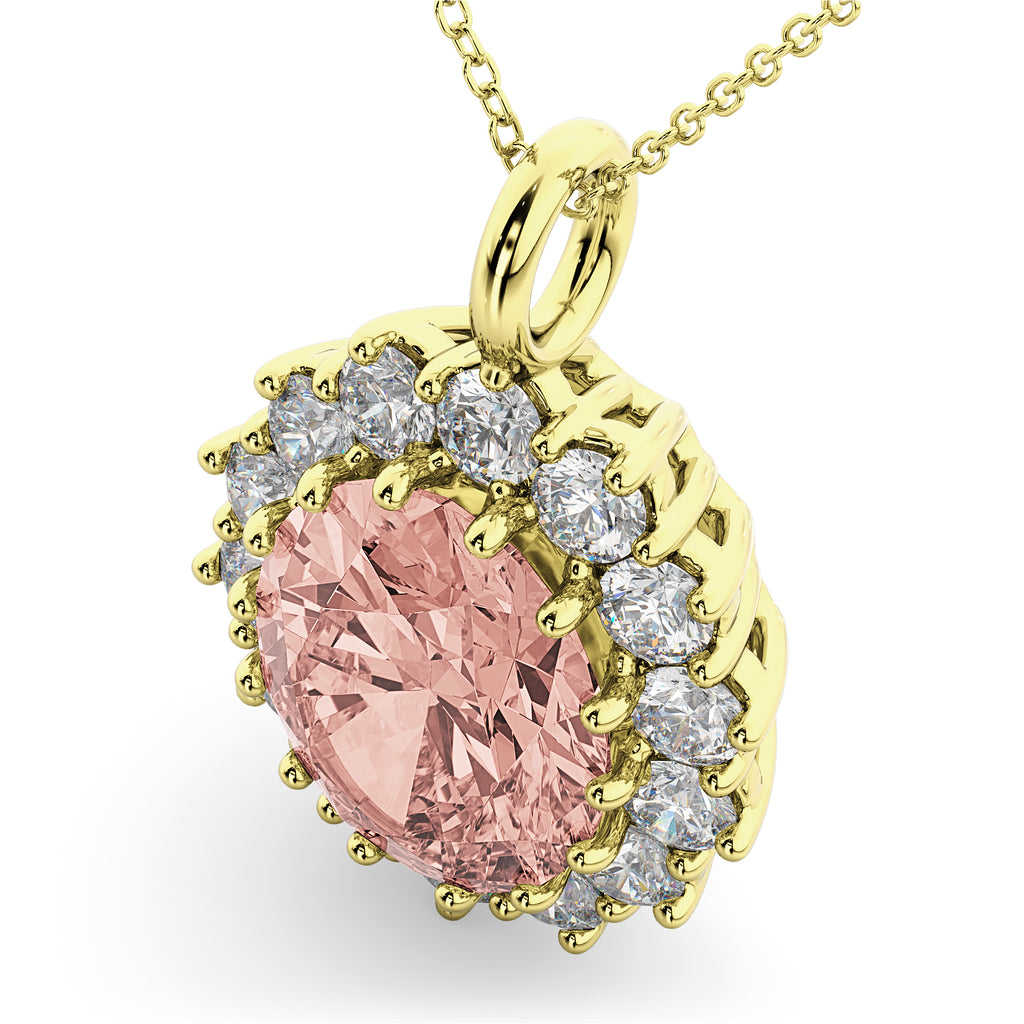 Oval Morganite & Diamond Halo Pendant Necklace 14k Yellow Gold (6.40ct)