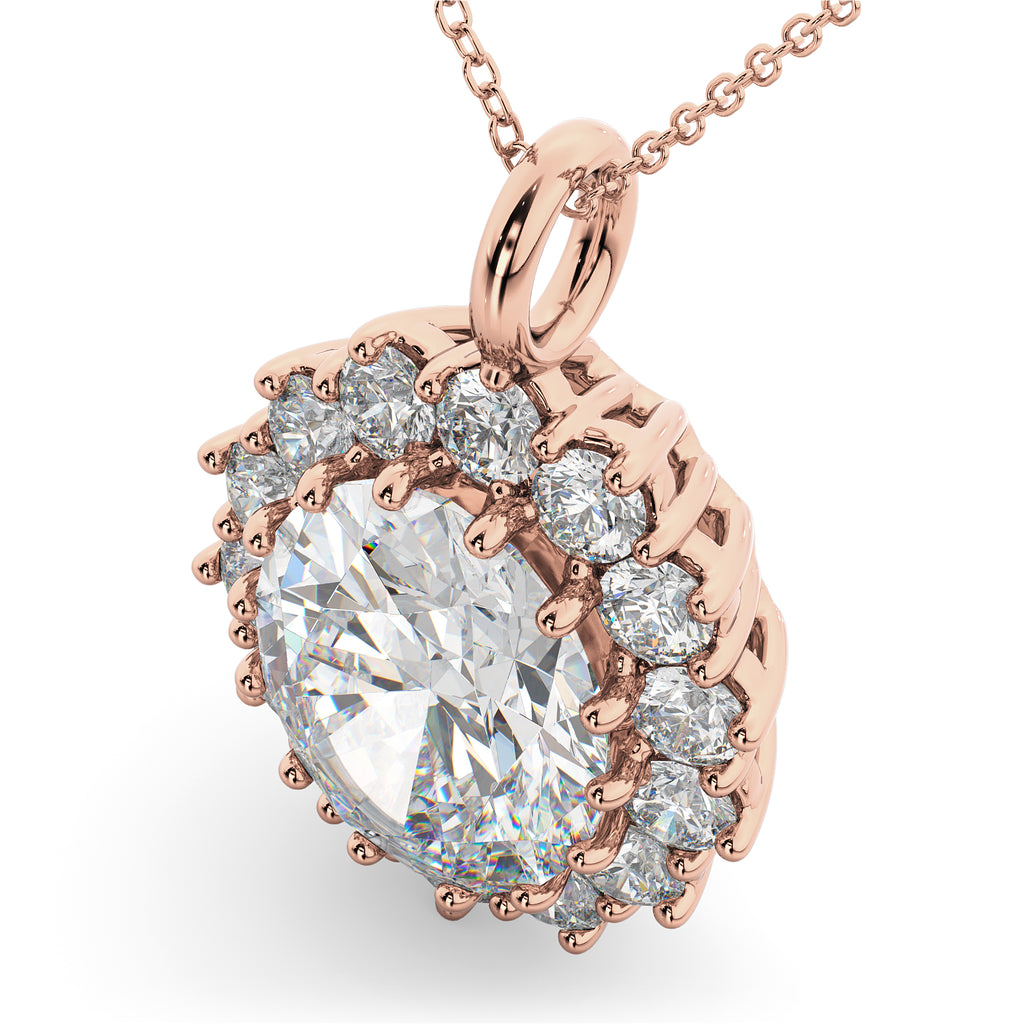Oval Moissanite & Diamond Halo Pendant Necklace 14k Rose Gold (6.40ct)