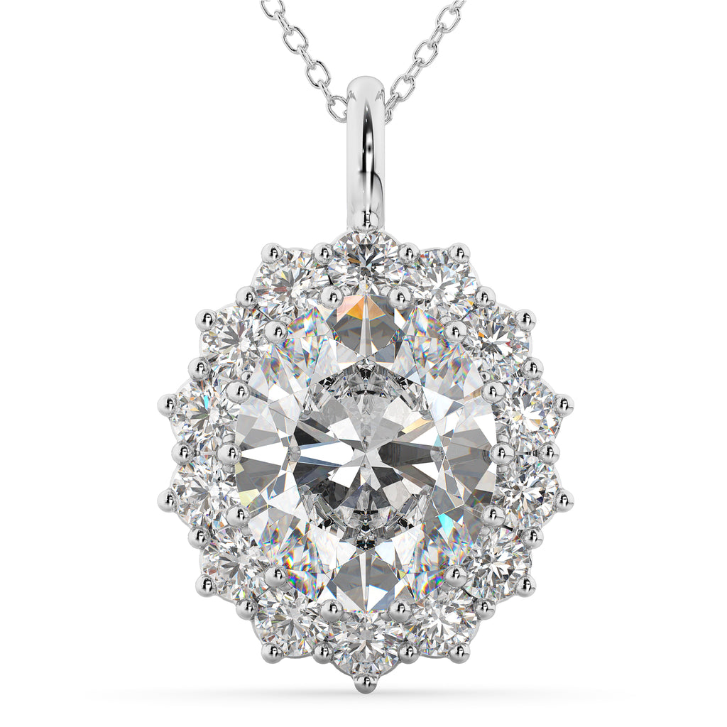 Oval Moissanite & Diamond Halo Pendant Necklace 14k White Gold (6.40ct)