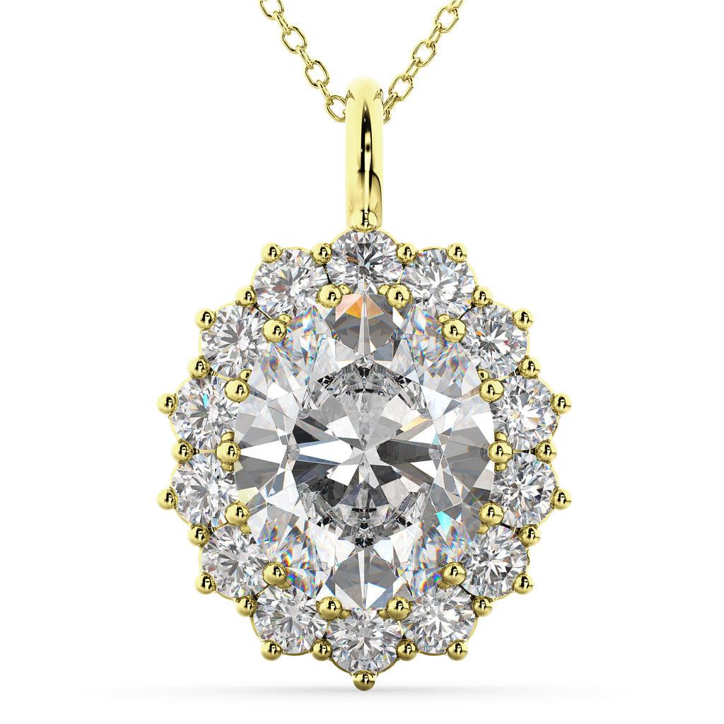 Oval Moissanite & Diamond Halo Pendant Necklace 14k Yellow Gold (6.40ct)