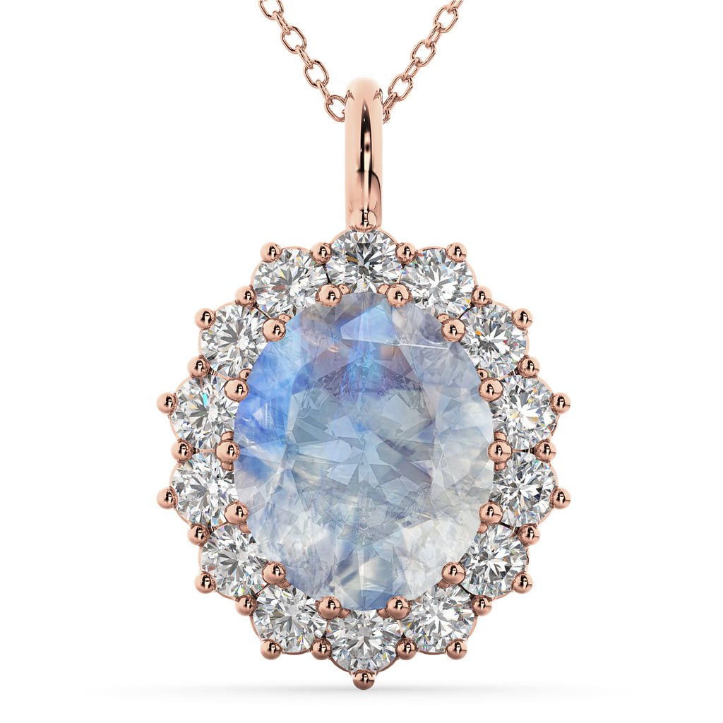 Oval Moonstone & Diamond Halo Pendant Necklace 14k Rose Gold (6.40ct)