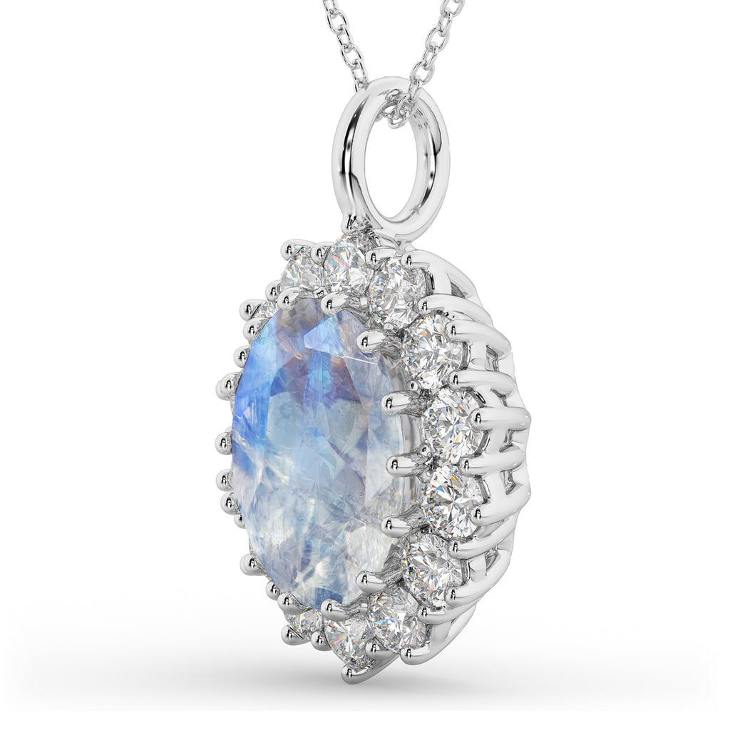 Oval Moonstone & Diamond Halo Pendant Necklace 14k White Gold (6.40ct)