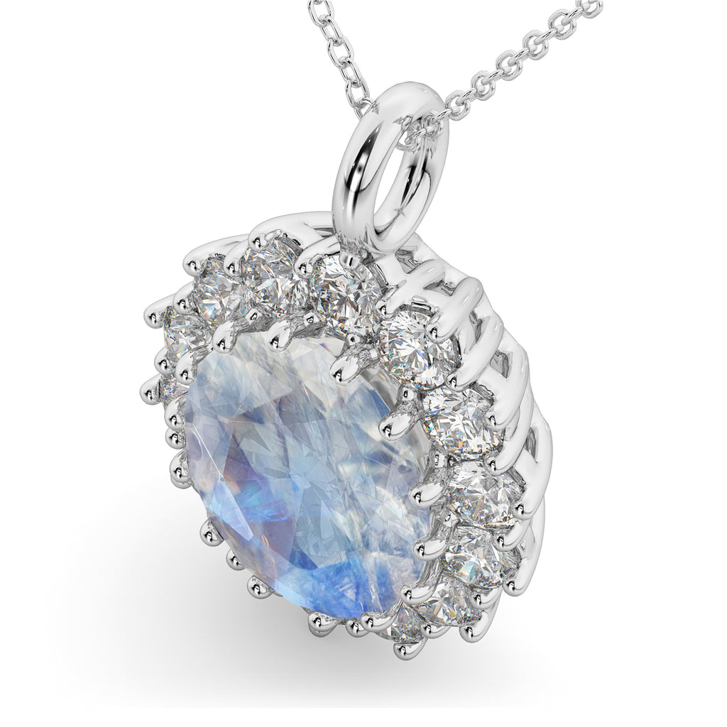 Oval Moonstone & Diamond Halo Pendant Necklace 14k White Gold (6.40ct)