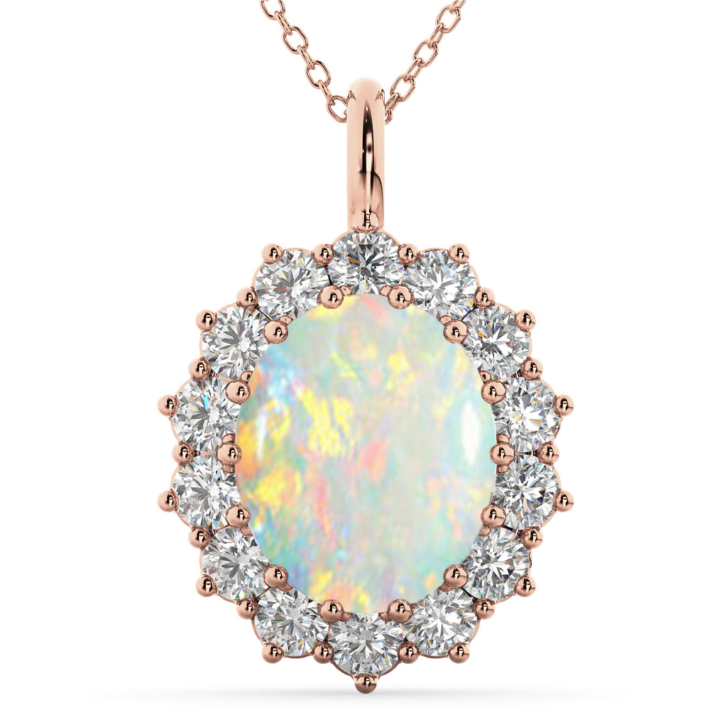 Oval Opal & Diamond Halo Pendant Necklace 14k Rose Gold (6.40ct)