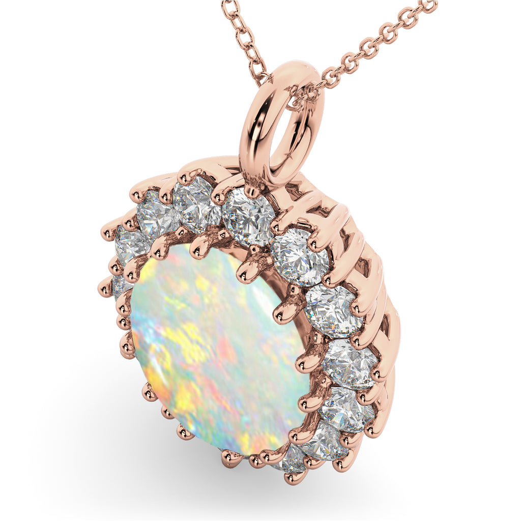 Oval Opal & Diamond Halo Pendant Necklace 14k Rose Gold (6.40ct)