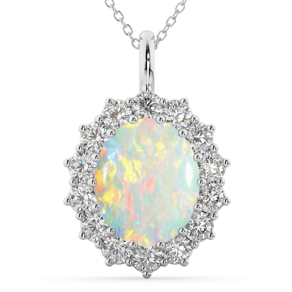 Oval Opal & Diamond Halo Pendant Necklace 14k White Gold (6.40ct)