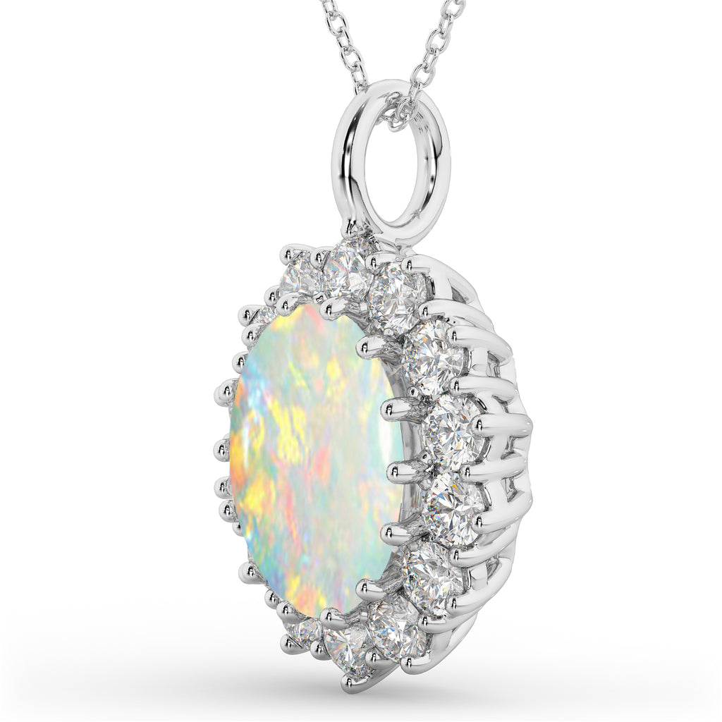 Oval Opal & Diamond Halo Pendant Necklace 14k White Gold (6.40ct)