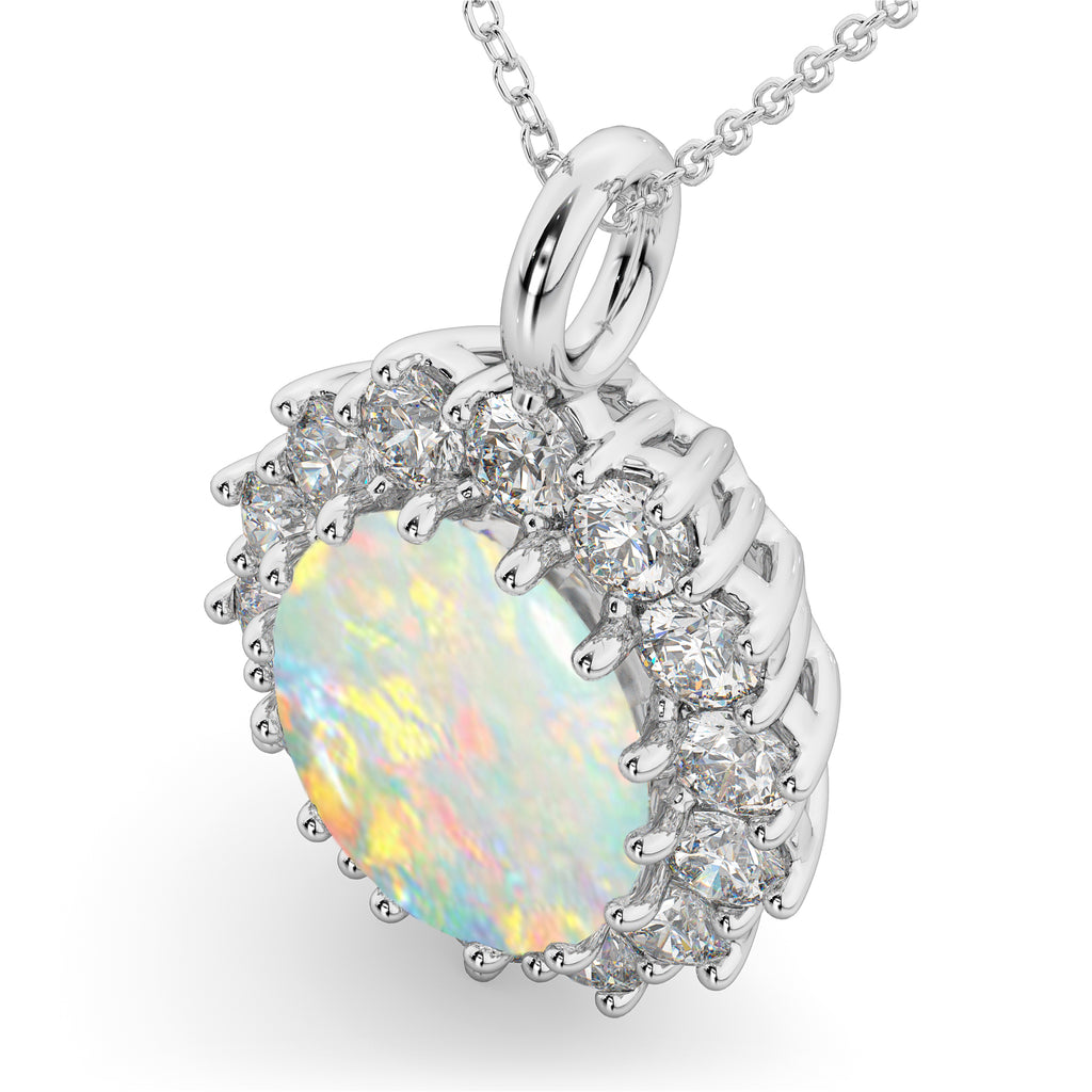 Oval Opal & Diamond Halo Pendant Necklace 14k White Gold (6.40ct)