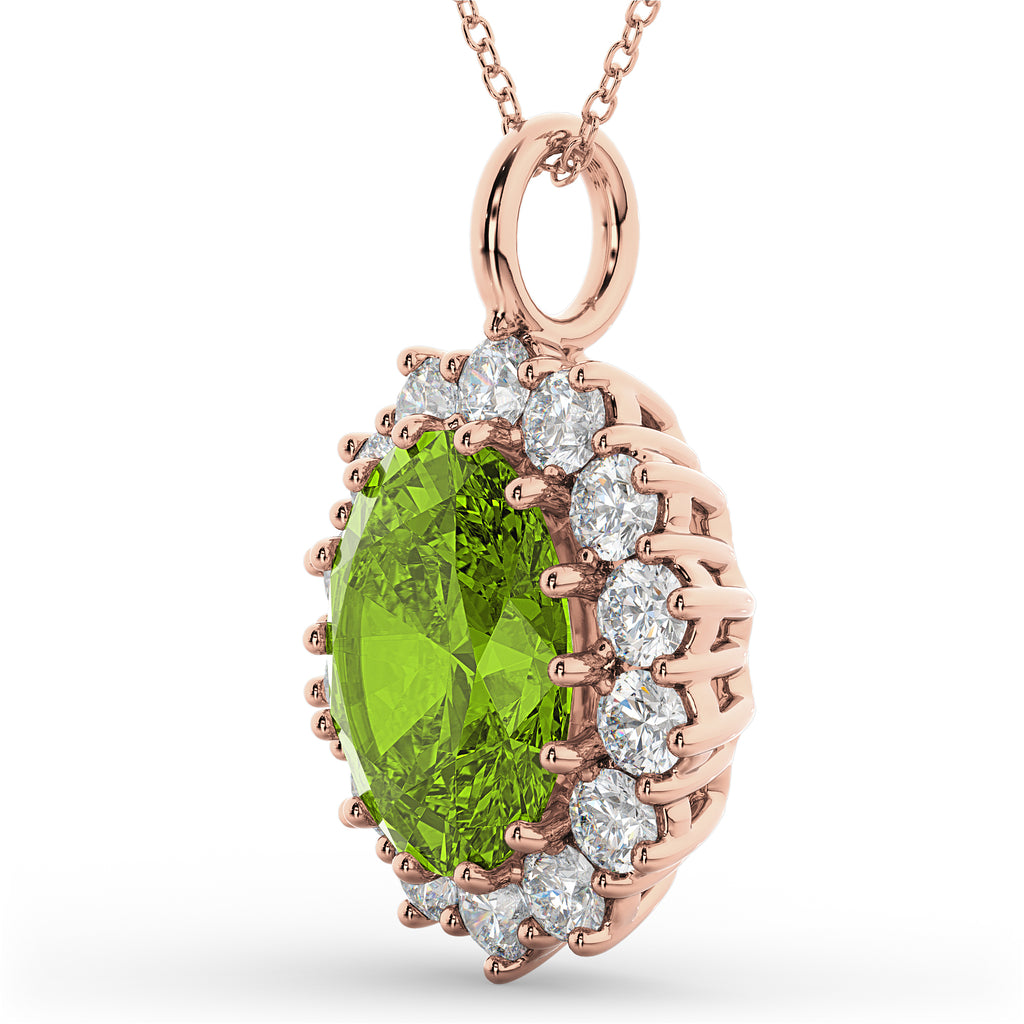 Oval Peridot & Diamond Halo Pendant Necklace 14k Rose Gold (6.40ct)