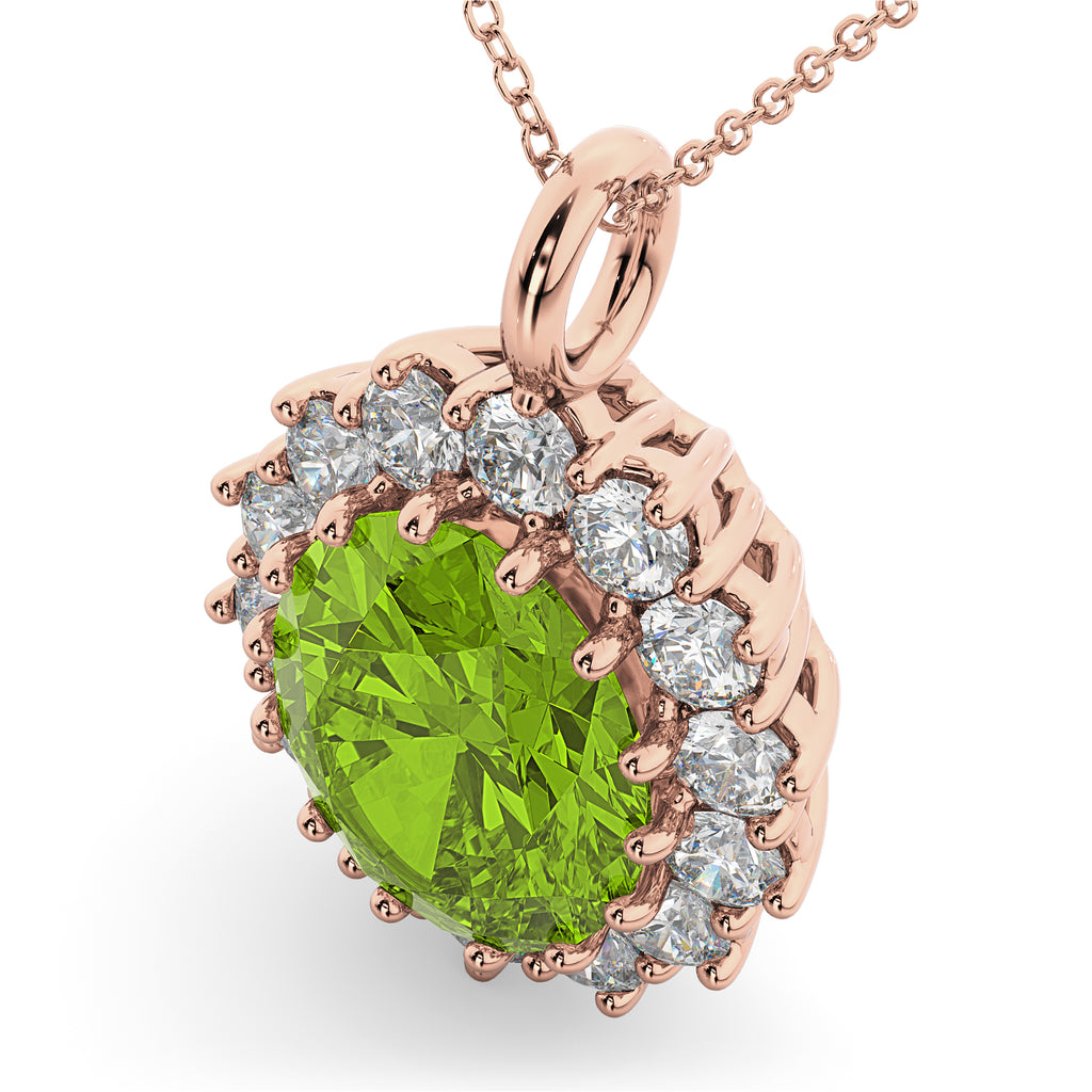 Oval Peridot & Diamond Halo Pendant Necklace 14k Rose Gold (6.40ct)