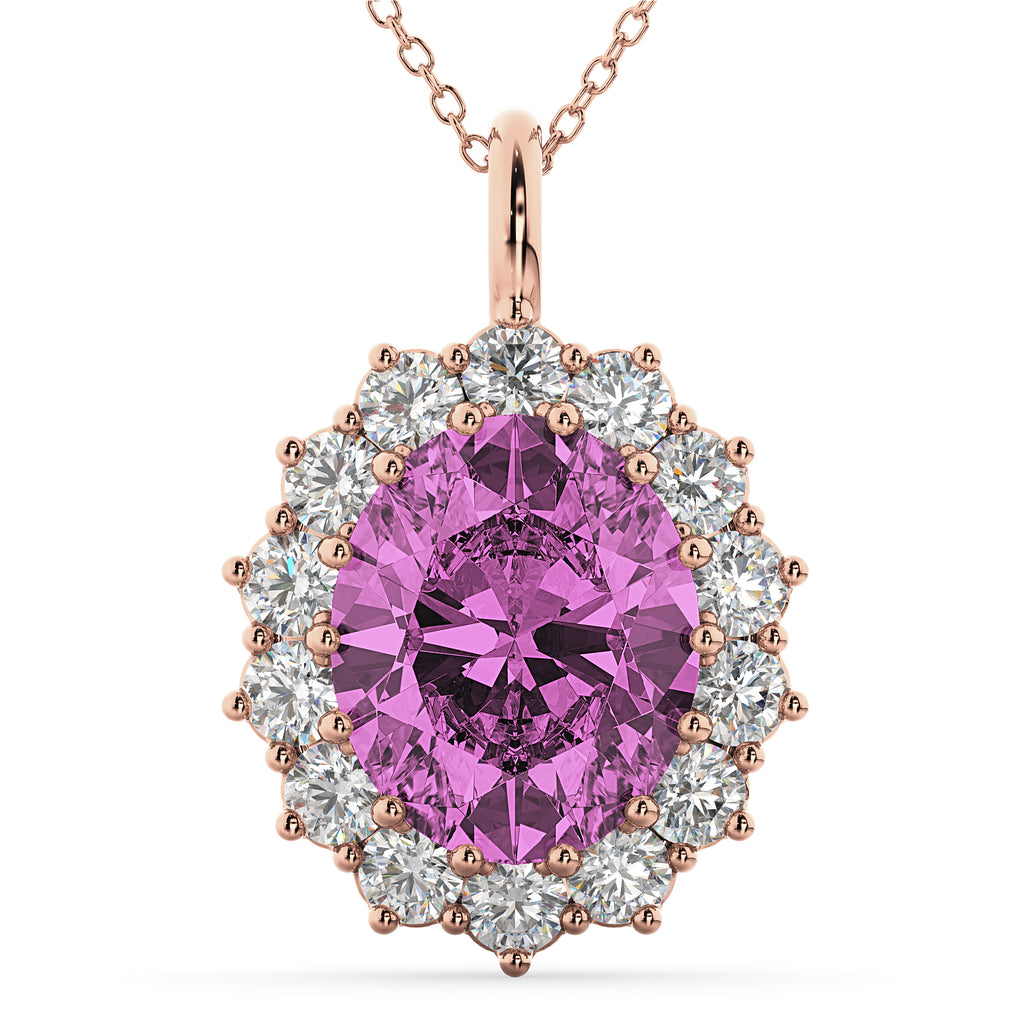 Oval Pink Sapphire & Diamond Halo Pendant Necklace 14k Rose Gold (6.40ct)