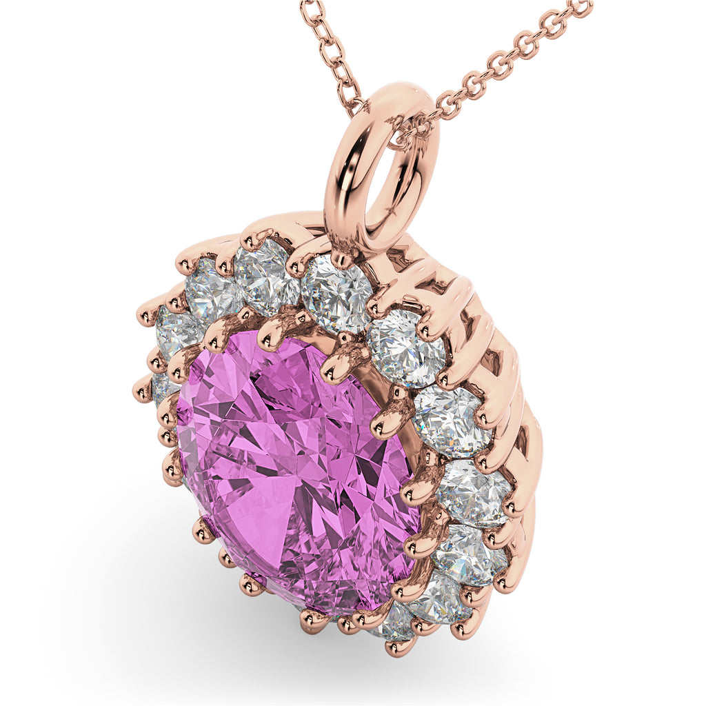 Oval Pink Sapphire & Diamond Halo Pendant Necklace 14k Rose Gold (6.40ct)