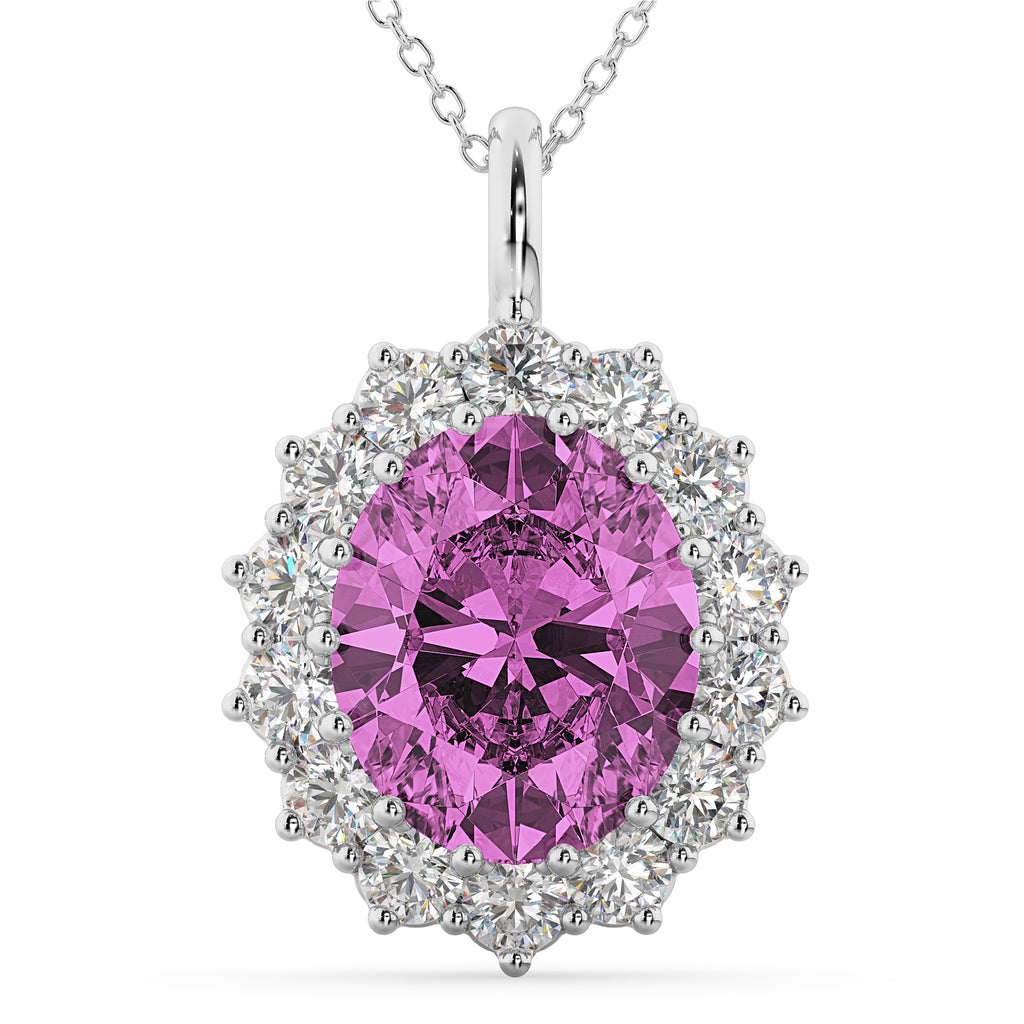 Oval Pink Sapphire & Diamond Halo Pendant Necklace 14k White Gold (6.40ct)