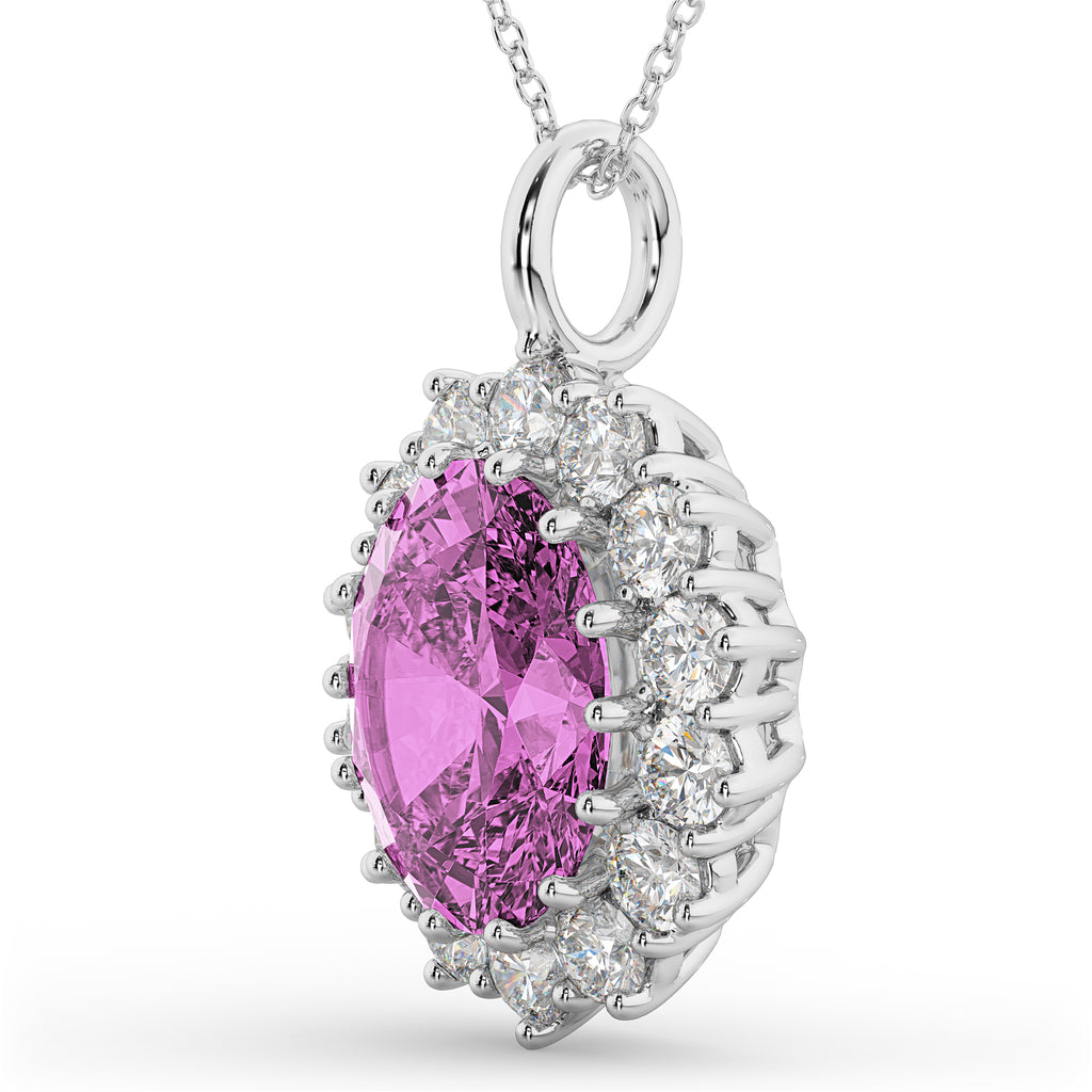 Oval Pink Sapphire & Diamond Halo Pendant Necklace 14k White Gold (6.40ct)