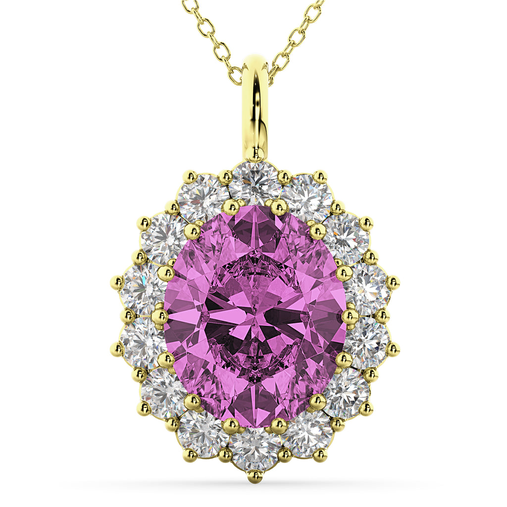 Oval Pink Sapphire & Diamond Halo Pendant Necklace 14k Yellow Gold (6.40ct)