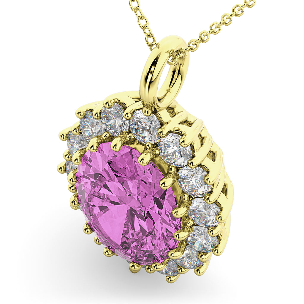 Oval Pink Sapphire & Diamond Halo Pendant Necklace 14k Yellow Gold (6.40ct)