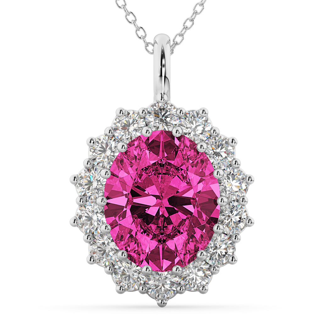 Oval Pink Tourmaline & Diamond Halo Pendant Necklace 14k White Gold (6.40ct)