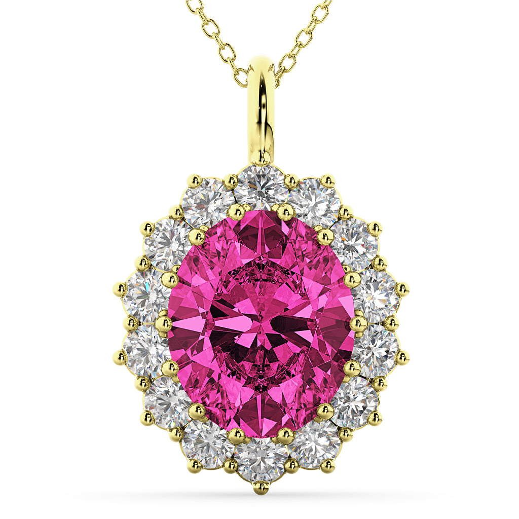 Oval Pink Tourmaline & Diamond Halo Pendant Necklace 14k Yellow Gold (6.40ct)