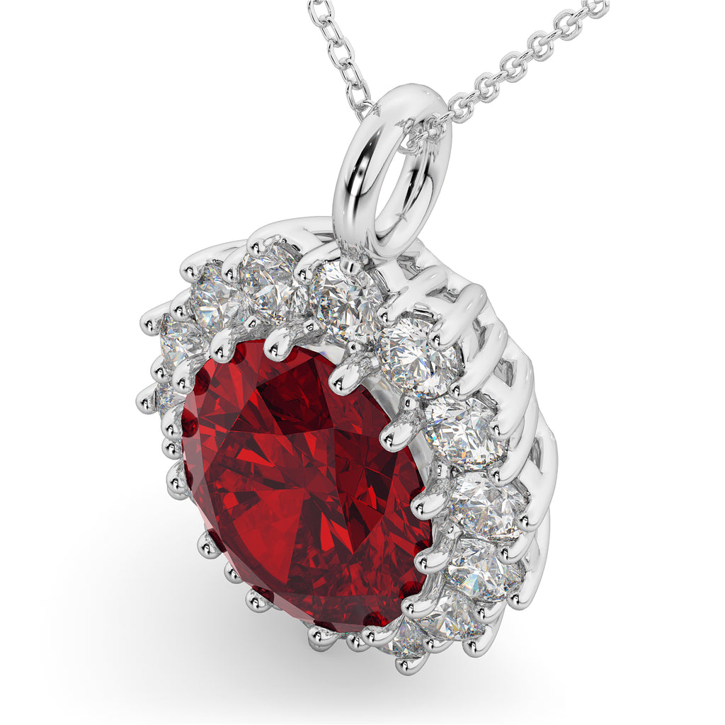 Oval Ruby & Diamond Halo Pendant Necklace 14k White Gold (6.40ct)
