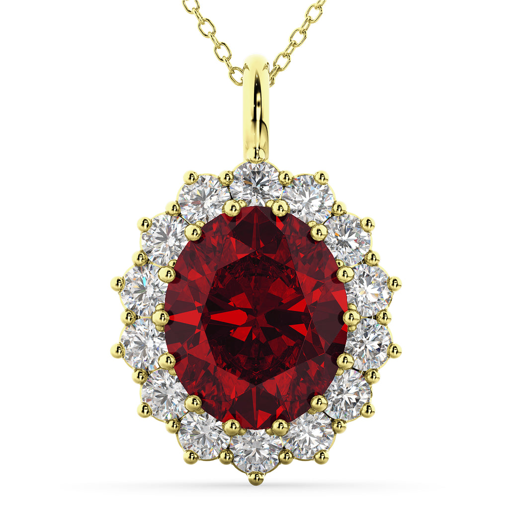 Oval Ruby & Diamond Halo Pendant Necklace 14k Yellow Gold (6.40ct)